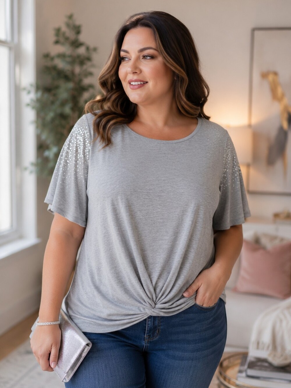 Star Vixen  Gray twist front top with sparkle sleeve
